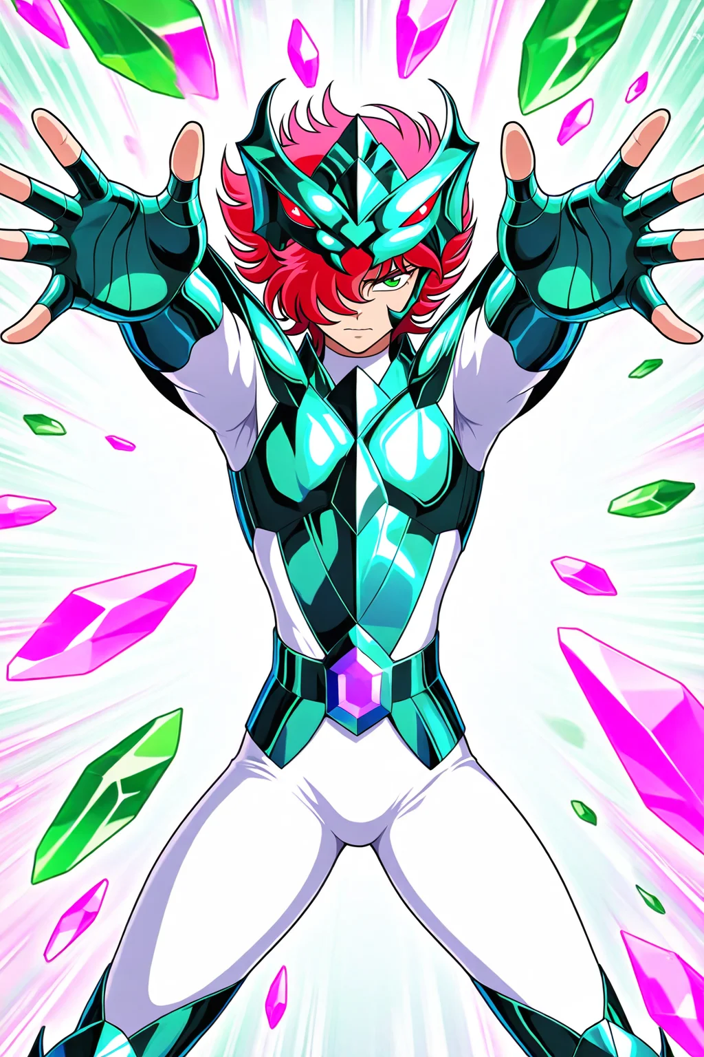 masterpiece,best quality,amazing quality, SSALBE, 1boy, male focus, wavy hair, short hair, pink-red hair, hair over one eye, green eyes, megrez forehead protector (red eyes), teal megrez armor, teal fingerless gauntlets, white bodysuit, solo, cowboy shot, purple crystals, legs apart, outstretched hands, outstretched arms, transparent white crystals, green action lines, straight on, action lines, pink circles, pink energy