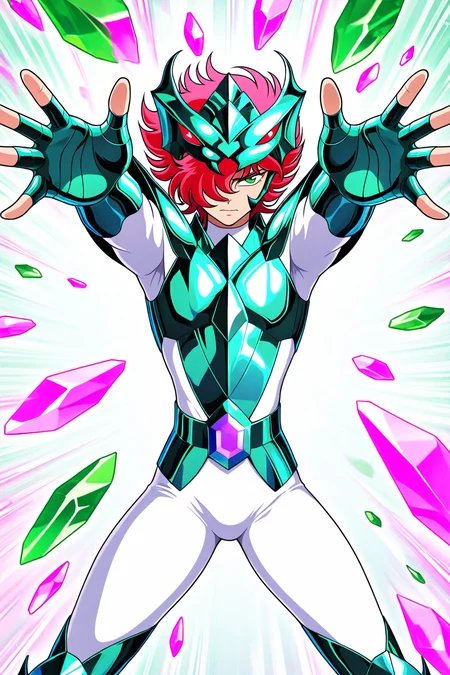 masterpiece,best quality,amazing quality, SSALBE, 1boy, male focus, wavy hair, short hair, pink-red hair, hair over one eye, green eyes, megrez forehead protector (red eyes), teal megrez armor, teal fingerless gauntlets, white bodysuit, solo, cowboy shot, purple crystals, legs apart, outstretched hands, outstretched arms, transparent white crystals, green action lines, straight on, action lines, pink circles, pink energy