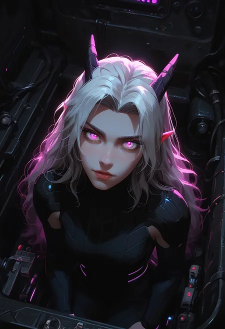 ((score_9_up, score_8_up, score_7_up:1.3)), rating_safe, face closeup, 1girl, rayla, long hair, white hair, horns, pointy ears, purple eyes, (very attractive face), wide hips, image from above, (expressive eyes), (cobalt blue, white and magenta plugsuit:1.1), futuristic style, inside mech cockpit, mecha cockpit, (futuristic computer monitors, gauges, lights:1.1), detailed background, amazing background, neon, glow, glowing, (bioluminescence:1.1), high contrast, dynamic angle, dynamic pose, coy expression, very aesthetic, diffused lighting, every detail illuminated, ultra-detailed, masterpiece artwork, flawless anatomy, easynegative, eye catching, Expressiveh, g0thicPXL, glowing, neon, TDPStyle,