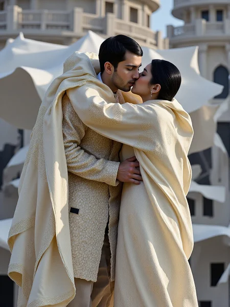 Macro photo, Pakistani 1960s theme of paradise, black-toned <lora:white1:1>, intricate white and gold and black rococo Primitive photo. The main subject is a eldritch mature kissing male scifi soldier wearing a modern outfit standing at the top of a lighthouse. The setting is busy and monumental. The overall mood of the photo is of a stylish moment in time. The photo has been tinted here and there with purple translucent dye. <lora:FLUX.1-DEV_-_Wild_1960s_Fashions_LoRA:0.9> <lora:midjourney_whisper_avant_couture_v01:0.6> <lora:flux_dev_grunge:0.6>