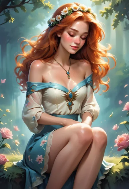 Masterpiece, detailed, beautiful, oil painting, 1girl, solo, cowboyshot, soft sunlight, serene expression, ethereal aura, flowing locks, floral headband, off-the-shoulder top, billowing sleeves, delicate lace details, dainty necklace, freckles dusting across nose and cheeks, rosy lips, gentle smile, slender arms, wrists adorned with bangles, fingers tracing patterns in the air, bohemian skirt swaying around slender thighs, bare feet grazing over grass, eyes closed in peaceful contemplation.