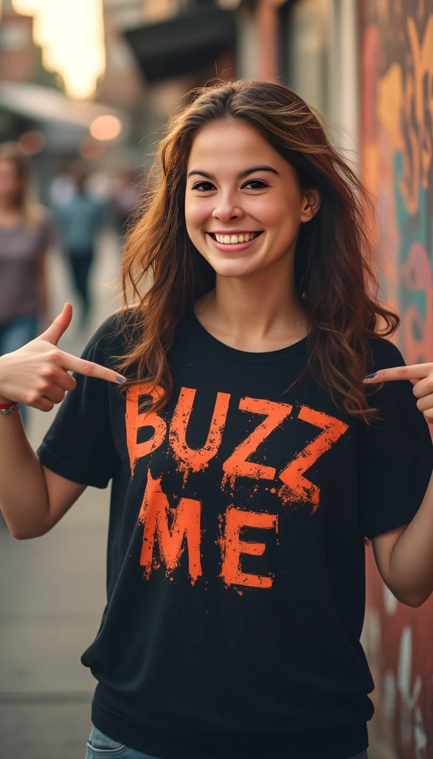 a young woman with long, wavy brown hair and bright eyes standing outdoors in an urban setting with graffiti-covered walls and blurred figures in the background. She is smiling warmly and pointing at her black T-shirt, which has the bold, distressed text "BUZZ ME" in red-orange letters with a paint-splatter effect. The setting appears lively, with warm lighting and a vibrant street atmosphere. Her nails are painted, adding to her stylish and energetic look