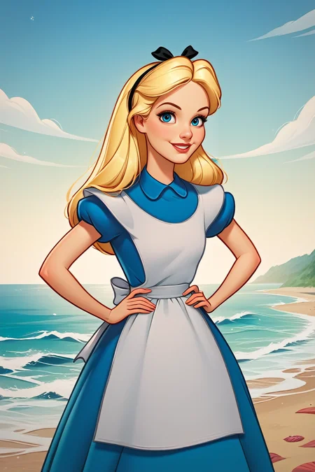 score_9, score_8_up, score_7_up,
<lora:DisneyAlice:1.0>
DisneyAlice, 1girl, blonde hair, blue eyes, long hair, hairband, blue dress, apron, looking at viewer, confident smile, standing, hands on hips, facing camera, beach, waves crashing, bright midday sun