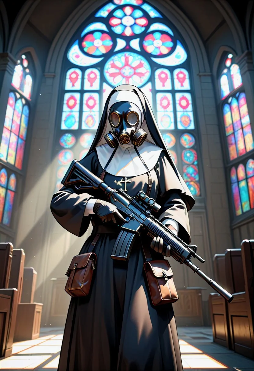 (realistic photo), BREAK cinematic, highly professional, high contrast, BREAK lo-fi, soft colors, EnD_Irreverant_Nuns, solo, gloves, holding, weapon, male focus, holding weapon, gun, mask, holding gun, rifle, pouch, robe, assault rifle, scope, gas mask, stained glass, nun, habit, , gradient overlay, lo-fidelity, chromatic abberation, film grain, masterwork photography, (unreal engine 5), ,specular highlights, rembrandt lighting, side lighting, extreme light and shadow, cinematic lighting, natural lighting, official photography, best quality, masterpiece