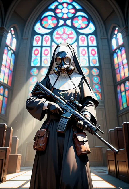 (realistic photo), BREAK cinematic, highly professional, high contrast, BREAK lo-fi, soft colors, EnD_Irreverant_Nuns, solo, gloves, holding, weapon, male focus, holding weapon, gun, mask, holding gun, rifle, pouch, robe, assault rifle, scope, gas mask, stained glass, nun, habit, , gradient overlay, lo-fidelity, chromatic abberation, film grain, masterwork photography, (unreal engine 5), ,specular highlights, rembrandt lighting, side lighting, extreme light and shadow, cinematic lighting, natural lighting, official photography, best quality, masterpiece
