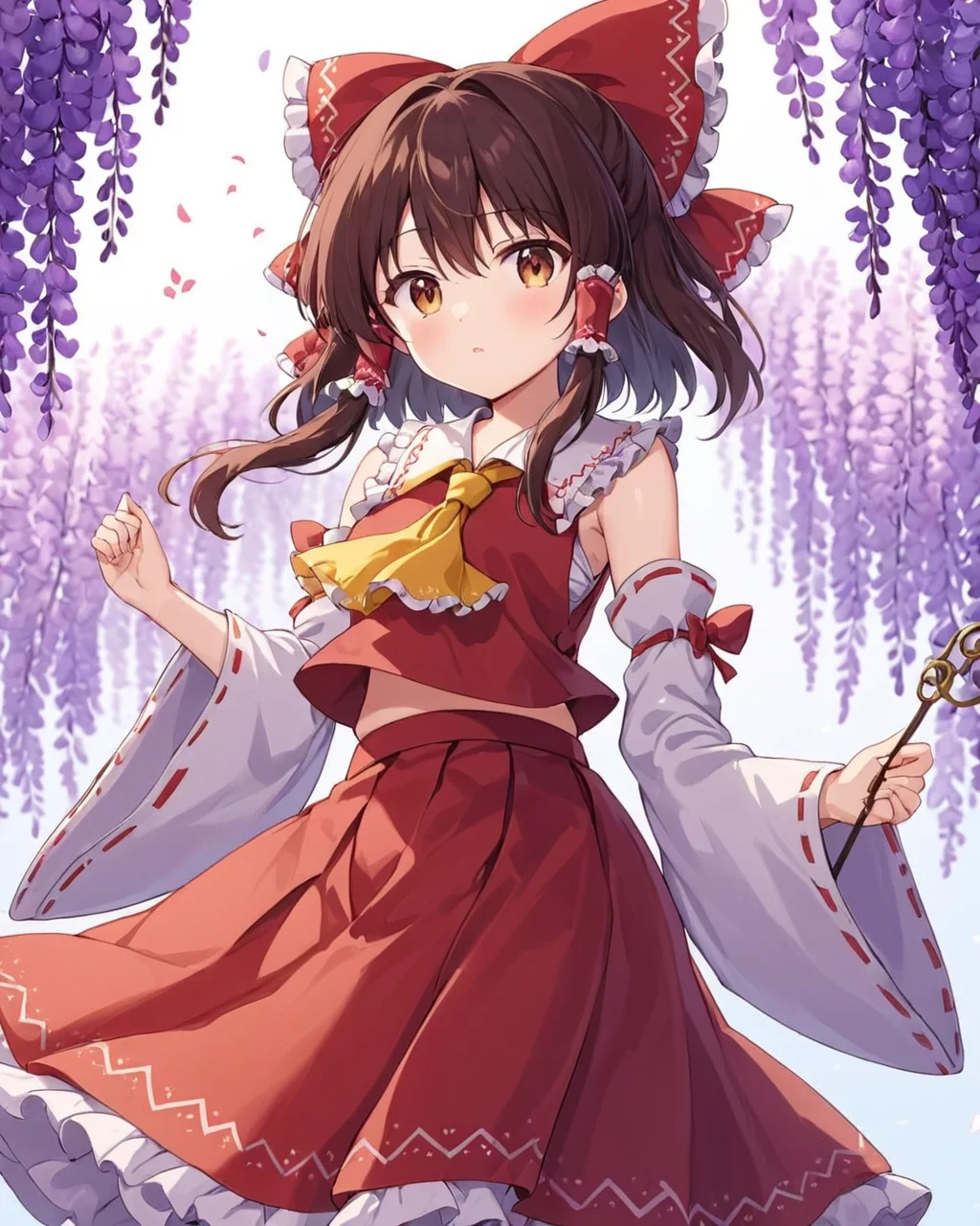 hakurei reimu,1girl, solo, red_bow, hair_bow, detached_sleeves, red_skirt, yellow_ascot, gohei, wisteria, wide_sleeves, looking_at_viewer, red_vest, frilled_bow, holding, frilled_skirt, petals, frilled_hair_tubes, depth_of_field, red_shirt, parted_lips, sidelocks, floral_print, white_sleeves, long_sleeves, frilled_shirt_collar, nontraditional_miko, blush
<lora:hakurei_reimu_image6409_2023-12-06-000004:1>,star-shaped_pupils,symbol-shaped_pupils,. gorgeous,key visual, vibrant, studio anime,award-winning, professional, highly detailed,high budget, cinemascope