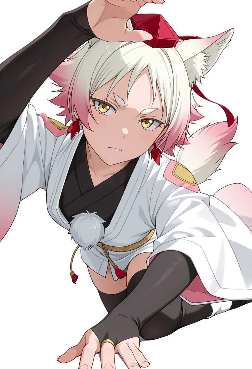 Smooth Quality,masterpiece,very intricate, high quality details, ultra realistic, high detailed skin,detailed enviorement,absurdres,
simple background, white background,solo,
kneeling pose, one hand on the ground, other hand reaching forward, focused gaze, tense muscles, ,sideways,annoyed,
<lora:Momiji_cnn:0.8> momijicnn,1girl, wolf ears, yellow eyes, white hair, pink hair, short hair, gradient hair, thick eyebrows,tokin hat, japanese clothes,white kimono,sash, black thighhighs, long sleeves, bridal gauntlets,earrings, pom pom (clothes), tail,