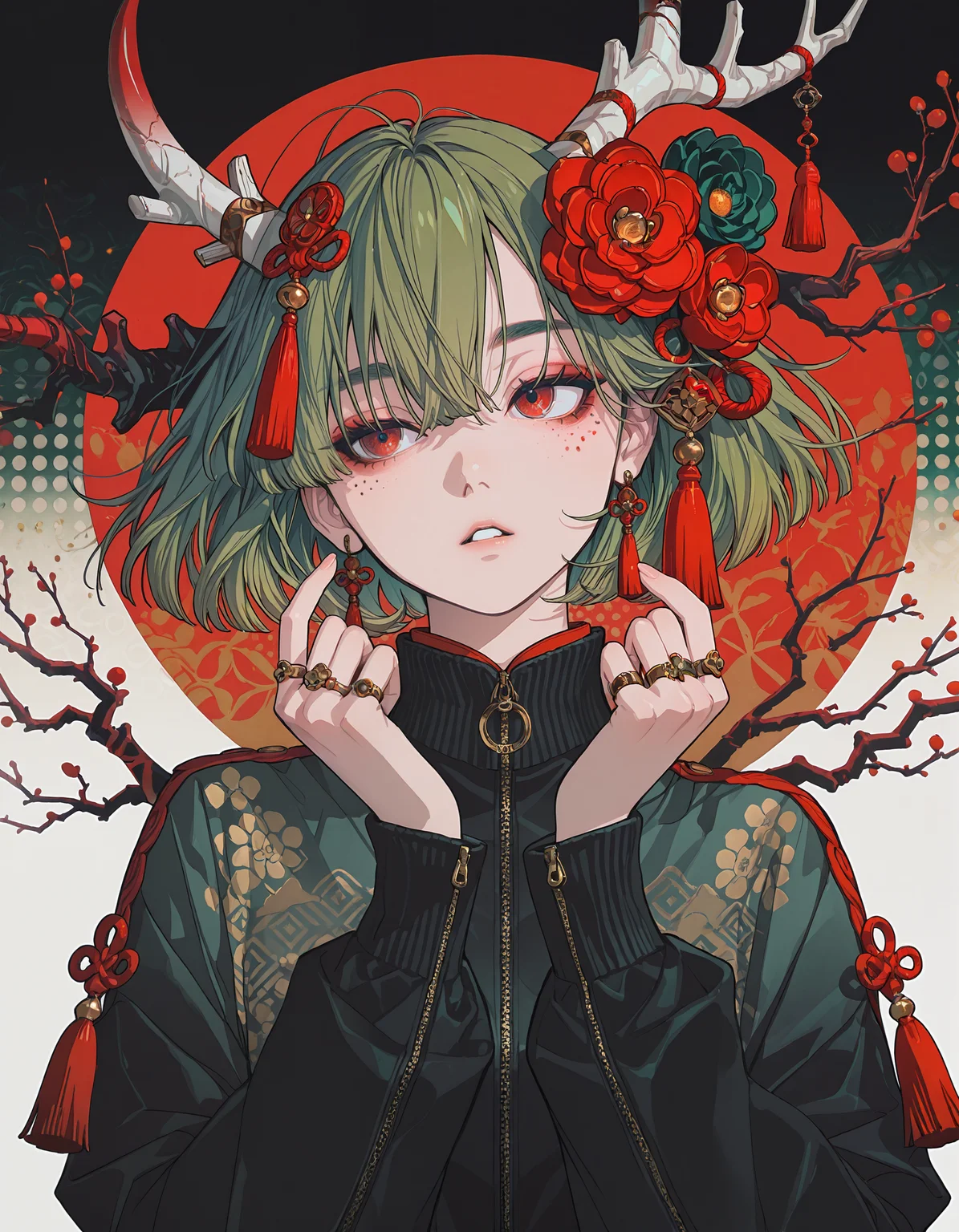 masterpiece, newest,absurdres, incredibly absurdres,4ki4k4ne_illu, <lora:4kiak4ne:1>,halftone, abstract background, abstract,depth of field, solo, jewelry, green hair, red eyes, ring, short hair, flower, horns, hair ornament, earrings, antlers, hair flower, branch, zipper, 1girl, mole, upper body, mole under eye, bangs, long sleeves, parted lips, red flower, tassel, jacket, hands up