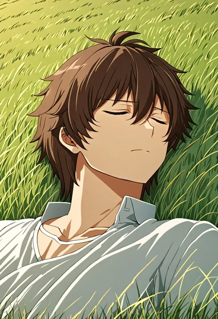 high resolution, solo, best quality, 1Boy, Seiya Kanie, Brownish Hair, sleep, nap, grass, meadow hills, wind breeze, OverallDetail