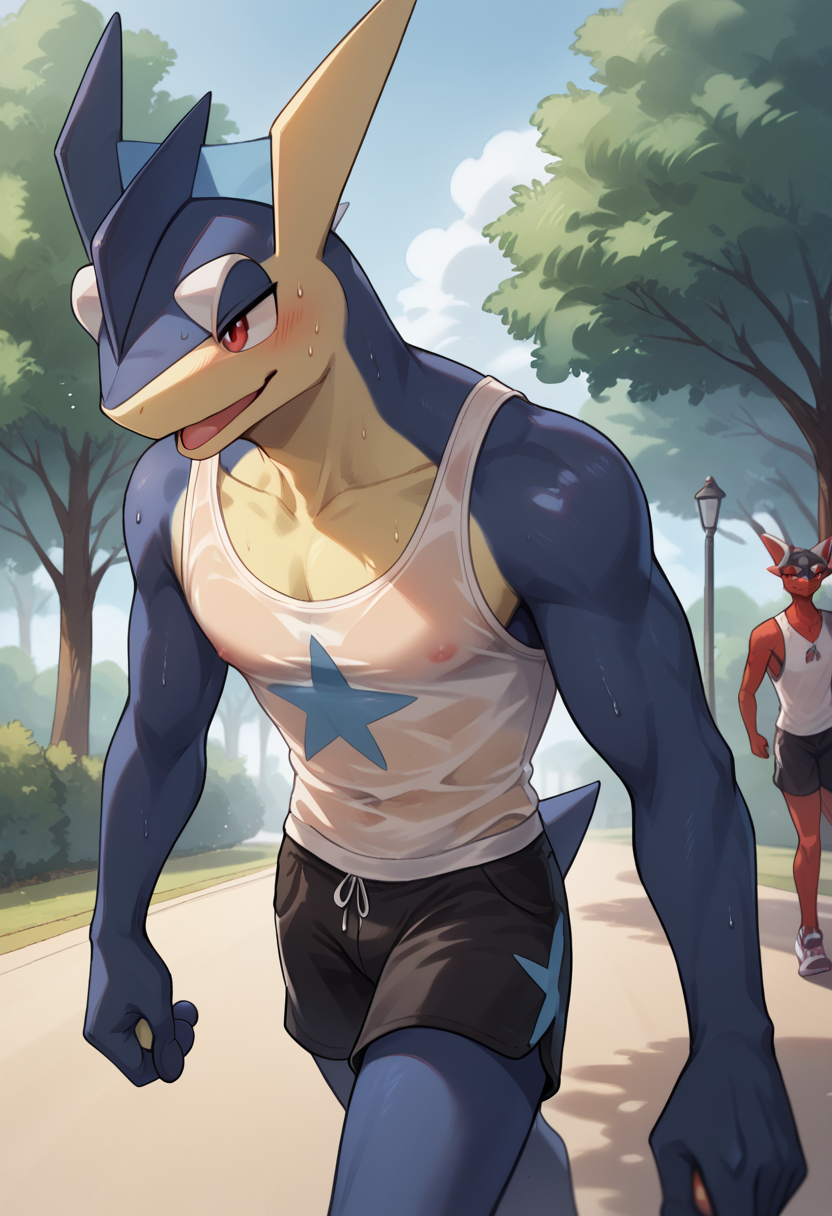 score_9, score_8_up, score_7_up,
((best quality)), absurdres,
<lora:GreninjaPXL:1> greninjapxl, red eyes, slim figure, anthro, male, 1boy,
park, jogging, in motion,  tank top, short shorts, translucent topwear, sweat, outdoors, half body portrait,
<lora:Smooth Anime Style LoRA XL:0.7> Smooth, Anime, <lora:Expressive_H:1> Expressiveh,
