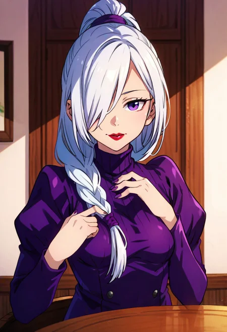 (zPDXL3),
(zPDXLxxx),
1girl,
solo,
ChopioMeiMei, white hair, looking at viewer, purple nails, long fingernails,
long hair, braided ponytail, hair tie, front ponytail, hair over one eye, purple eyes, red lipstick, half-closed eyes,
outfit_1, purple dress, turtleneck dress, juliet sleeves, high heel boots, brown footwear,
bust up,
looking at viewer,