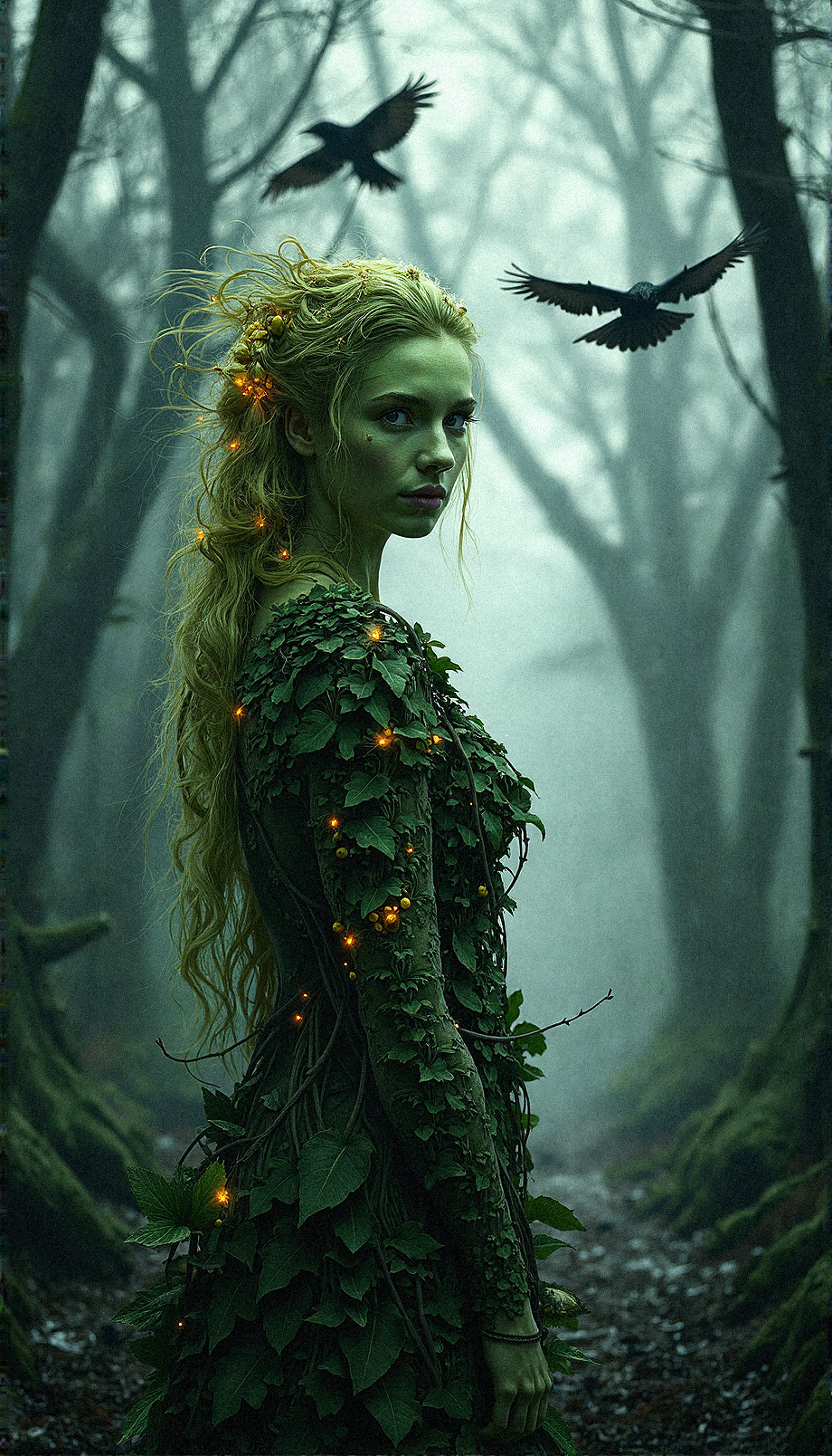 a photorealistic close-up portrait of a forest spirit, emerging from a misty, dark forest. Her physique is formed from interwoven leaves and vines, with pale green skin that blends into the bark of the trees around her. Her hair is made of cascading leaves, adorned with golden, glowing seed pods that provide a soft illumination in the gloomy setting. The trees are twisted and barren, with crows flying above, adding a sense of movement and unease to the scene. Her gaze is intense yet calm, as if she is the guardian of the forest’s secrets, embodying both its beauty and its dangers.

The background is filled with mist, obscuring the path behind her and creating a mysterious ambiance. The light is muted, casting shadows that emphasize the textures of her leafy body and the reflective wetness of the forest floor. The contrast between her green, life-filled form and the dark, decaying forest evokes a balance between growth and death, light and darkness. Aim for a hyper-realistic style that brings out the intricate details of her leaf-textured skin, the glowing seed pods, and the eerie, desolate beauty of the forest.

Looking directly at the camera with an intense stare, her form both blending with and standing out from the dark, decaying forest.


