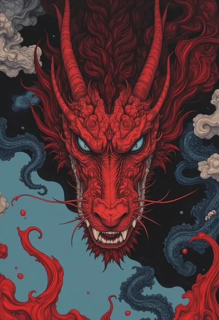 pingtu style, illustration-fen, The pixel art style is detailed and vibrant, with blocky textures and a retro gaming vibe. (Ultra-detailed, 8k resolution, dark and moody color palette, dynamic lighting, and a mix of horror and adventure), Asian Dragon from below , upclose down perspective