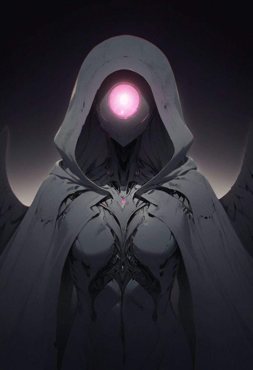 Looking at Viewer, Super head Closeup, Front View, subsurface scattering, Angel Icarus LiS_Robot By tim burton with Large vanta black Wings, large cyber-glow-translucent hooded Cape, DARK black room, Neon translucent Soundwaves visible on the face, very detailed insect eye ( The outer part of the ommatidium is overlaid with a transparent cornea. Each ommatidium is innervated by one axon bundle (usually consisting of 6 9 axons), Fallen Angle style,
atmospheric haze, Film grain, cinematic film still, shallow depth of field, highly detailed, high budget, cinemascope, moody, epic, OverallDetail, 2000s vintage RAW photo, photorealistic, candid camera, color graded cinematic, atmospheric lighting, imperfections, natural, shallow dof