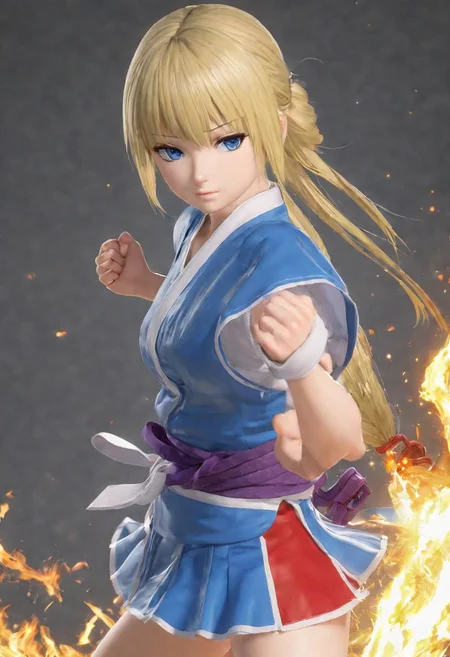 masterpiece,fullbody, photograph,realistic lighting, absurd quality,realism best quality, fighting stance, blue eyes,<lora:Ayane_Amamiya:.7>,blonde hair,clear quality
