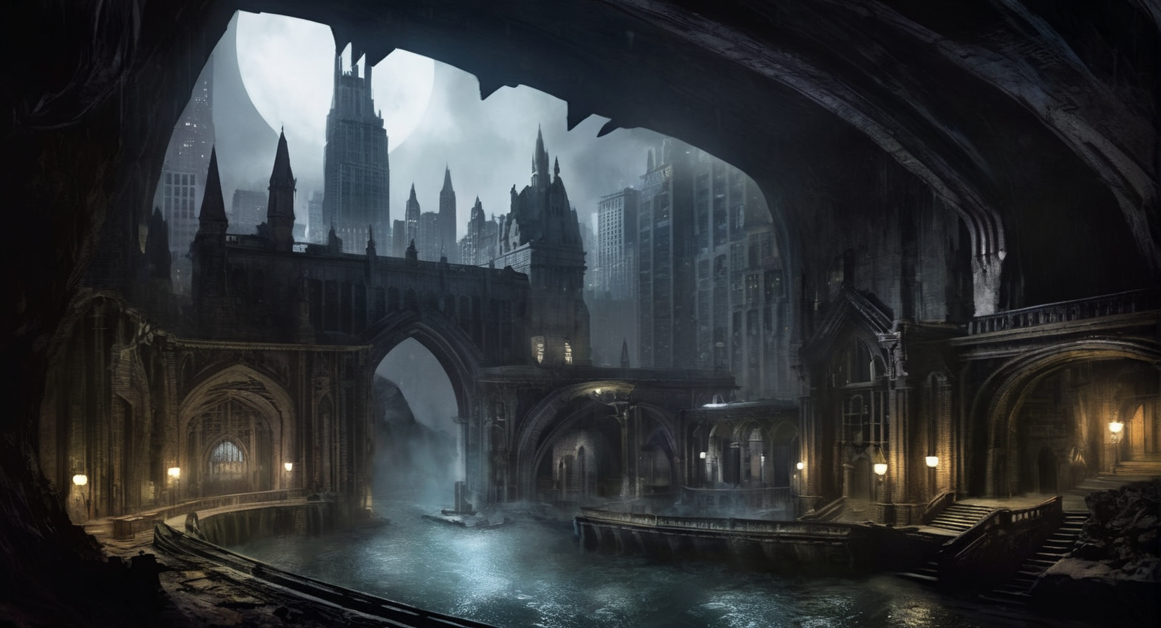 concept art of  <lora:Gotham City:1.2>
Gotham City a gothic view of the batcave, digital artwork, illustrative, painterly, matte painting, highly detailed