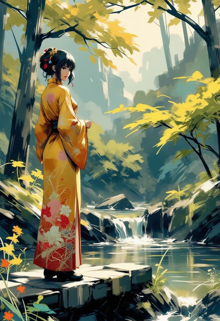 in the style of ck-mgs, nistyle, Special Ink-drawing mode, intricate linework with expressive contrasts, Mh1$AgThS2, Silhouette Art, magnificent, inksplash image of stunning japanese woman, gold and red cheongsam, standing on stone footbridge over a pristine river in woodland, flowers, shrubs and trees, dappled sunlight, turning to face viewer
