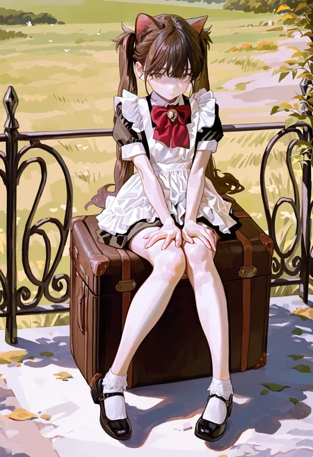 masterpiece, highres, absurdres, newest, very awa, painting \(medium\), shadow, 1girl, solo, brown eyes, animal ears, cat ears, brown hair, twintails, long hair, red bowtie, bell, short dress, maid, white apron, short sleeves, ankle socks, white socks, lace socks, black footwear, mary janes, sitting on object, suitcase, hands on own thighs, knees together feet apart, looking at viewer, outdoors, full body, grate, <lora:spo_sdxl_10ep_4k-data_lora_webui>, <lora:NOOB_EPSv1_1_detailer_by_vlnvk_v1_0:0.5>, <lora:illustrious_noobai_epsilon_pred_1_best_quality_v1:0.7>, <lora:noobai_ep11_stabilizer_v0.30_fp16:0.4>, <lora:FKEY:0.8>,