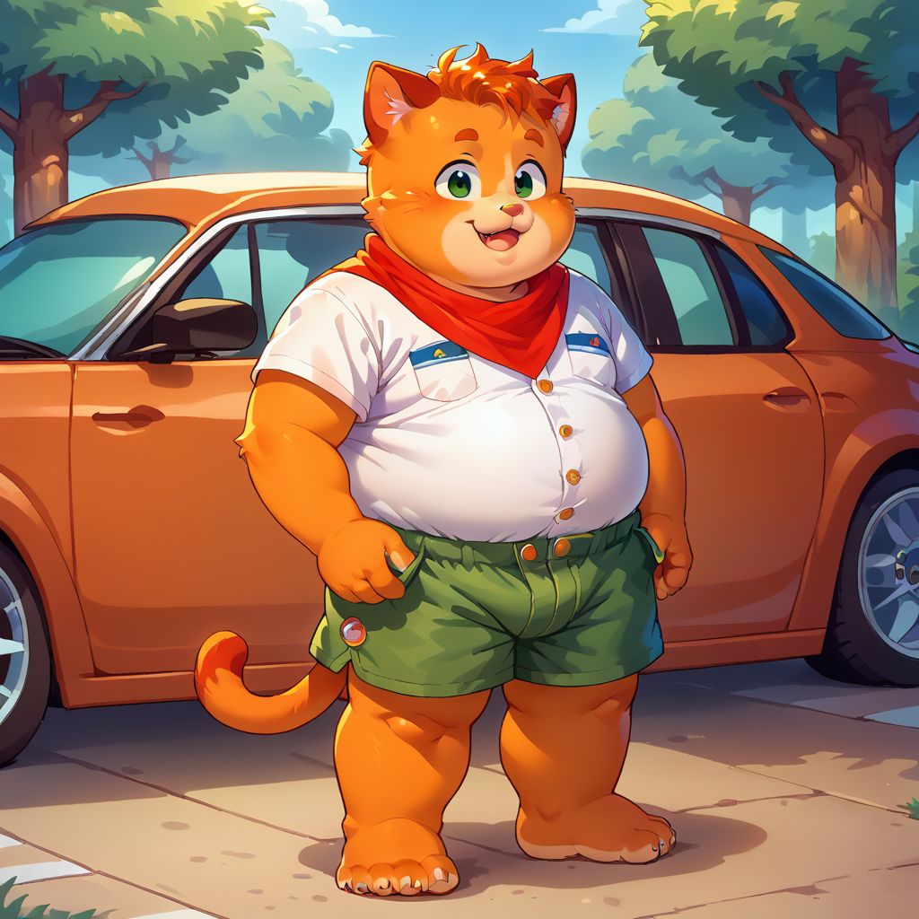 score_9, score_8_up, score_7_up, source_anime, fat, double chin, fat arms, fat legs, chubby cheeks, freackles, wearing a boyscout uniform, wearing shorts, wearing boy scout shirt, unbuttoned, wearing neckerchief, standing, summer camp background, 1boy, cat ears, car tail, paws, orage fur, solo, forest background, happy mood, young, ginger hair, messy hair,  barefoot, chibfurri, furry, anthro, five toes, cub.