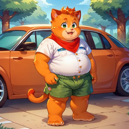 score_9, score_8_up, score_7_up, source_anime, fat, double chin, fat arms, fat legs, chubby cheeks, freackles, wearing a boyscout uniform, wearing shorts, wearing boy scout shirt, unbuttoned, wearing neckerchief, standing, summer camp background, 1boy, cat ears, car tail, paws, orage fur, solo, forest background, happy mood, young, ginger hair, messy hair, barefoot, chibfurri, furry, anthro, five toes, cub.