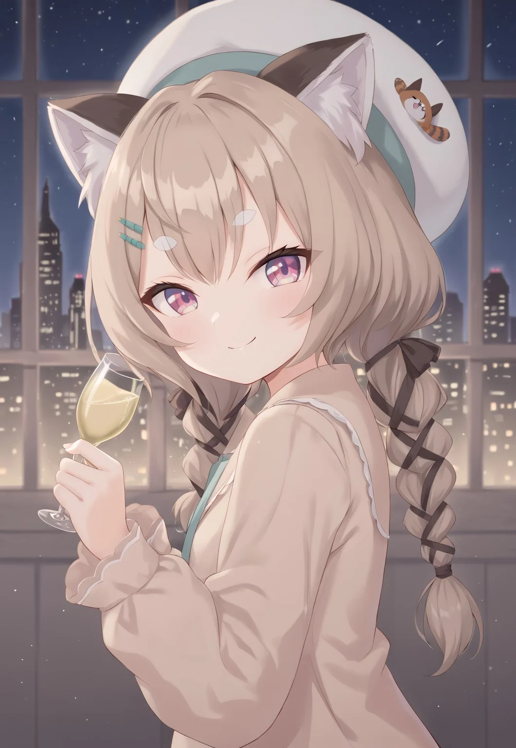 1girl, solo, solo focus, highres, absurdres, KomachiPanko, animal ear fluff, brown hair, hair ornament, long hair, hairclip, bangs, white beret, raccoon ears, twin braids, pink eyes, low twintails, thick eyebrows,
KomachiPanko, animal ear fluff, brown hair, hair ornament, long hair, hairclip, bangs, white beret, raccoon ears, twin braids, pink eyes, low twintails, thick eyebrows,
looking at viewer, light smile, closed mouth, from side, holding cup, champagne, head tilt,
indoor, cityscape, neon lights, window, dark, night, night sky,
light particles, backlighting, shade, light rays, lens flare, shiny skin, fine fabric emphasis,