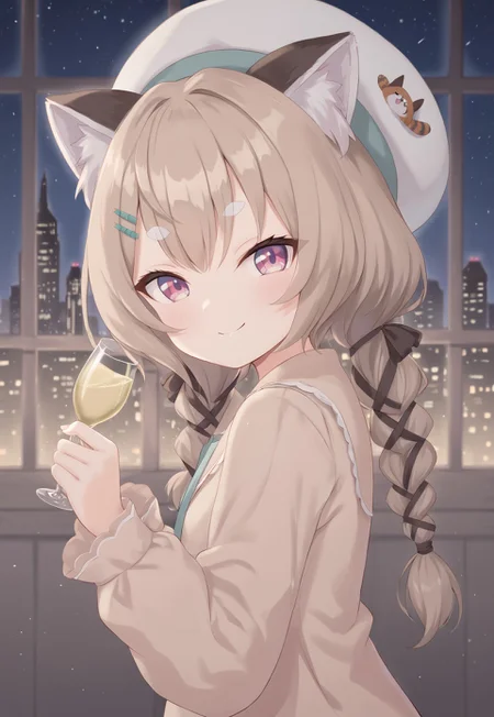 1girl, solo, solo focus, highres, absurdres, KomachiPanko, animal ear fluff, brown hair, hair ornament, long hair, hairclip, bangs, white beret, raccoon ears, twin braids, pink eyes, low twintails, thick eyebrows,

KomachiPanko, animal ear fluff, brown hair, hair ornament, long hair, hairclip, bangs, white beret, raccoon ears, twin braids, pink eyes, low twintails, thick eyebrows,

looking at viewer, light smile, closed mouth, from side, holding cup, champagne, head tilt, 
 
indoor, cityscape, neon lights, window, dark, night, night sky, 

light particles, backlighting, shade, light rays, lens flare, shiny skin, fine fabric emphasis,