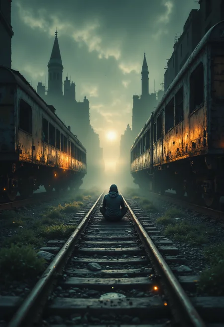 In a dimly lit, abandoned train yard shrouded in thick mist, two rusted train cars sit motionless on parallel tracks, their decayed exteriors hinting at years of neglect. Between them, a faint golden light glows in the distance, casting an eerie yet hopeful aura across the scene. In the foreground, a lone figure in a tattered hoodie sits slumped on the track, their posture heavy with despair and isolation. Weeds and debris encroach upon the rails, while faint silhouettes of skeletal structures loom in the misty background, completing this haunting vision of abandonment and quiet melancholy. <lora:aidmaFLUXPro1.1-FLUX-v0.3.safetensors:1.0>, <lora:The_Dark_Side_Of_The_Future.safetensors:0.13>, <lora:NotTheRealWorld-v55-000010.safetensors:0.3>, <lora:- Flux1 - soothing_atmo_V2.0.safetensors:0.4>, <lora:Dark side of light.safetensors:0.55>,
