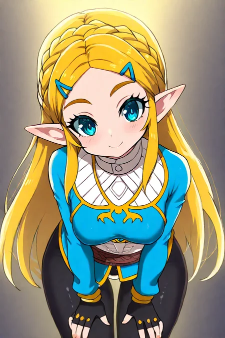 masterpiece, best quality, absurdres, medium breasts, (curvy), cute, eyelashes, shiny skin, vivid colors, highly detailed, perfect lighting, beautiful detailed eyes, , ,,, medium breasts, curvy, tiny woman, small woman , petite, short body, cute girl, pretty girl, solo, princess zelda, long hair, crown braid, hairclip, pointy ears, blue shirt, long sleeves, fingerless gloves, black gloves, black pants, tight pants, smile, curvy, head tilt, leaning forward, close up, ,,, ,,, <lora:ZankuroIXLLight_v2:0.8>,