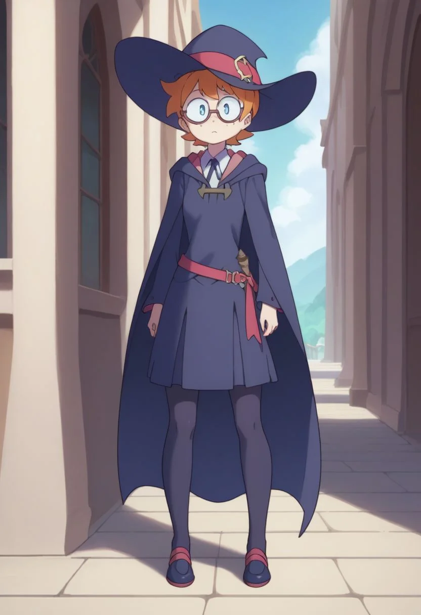 score_9, score_8_up, source_anime, highly detailed, 1girl, solo
lotte, 1girl, solo, hat, blue eyes, witch hat, luna nova school uniform, cape, glasses, short hair, witch, orange hair, freckles, full body, standing,