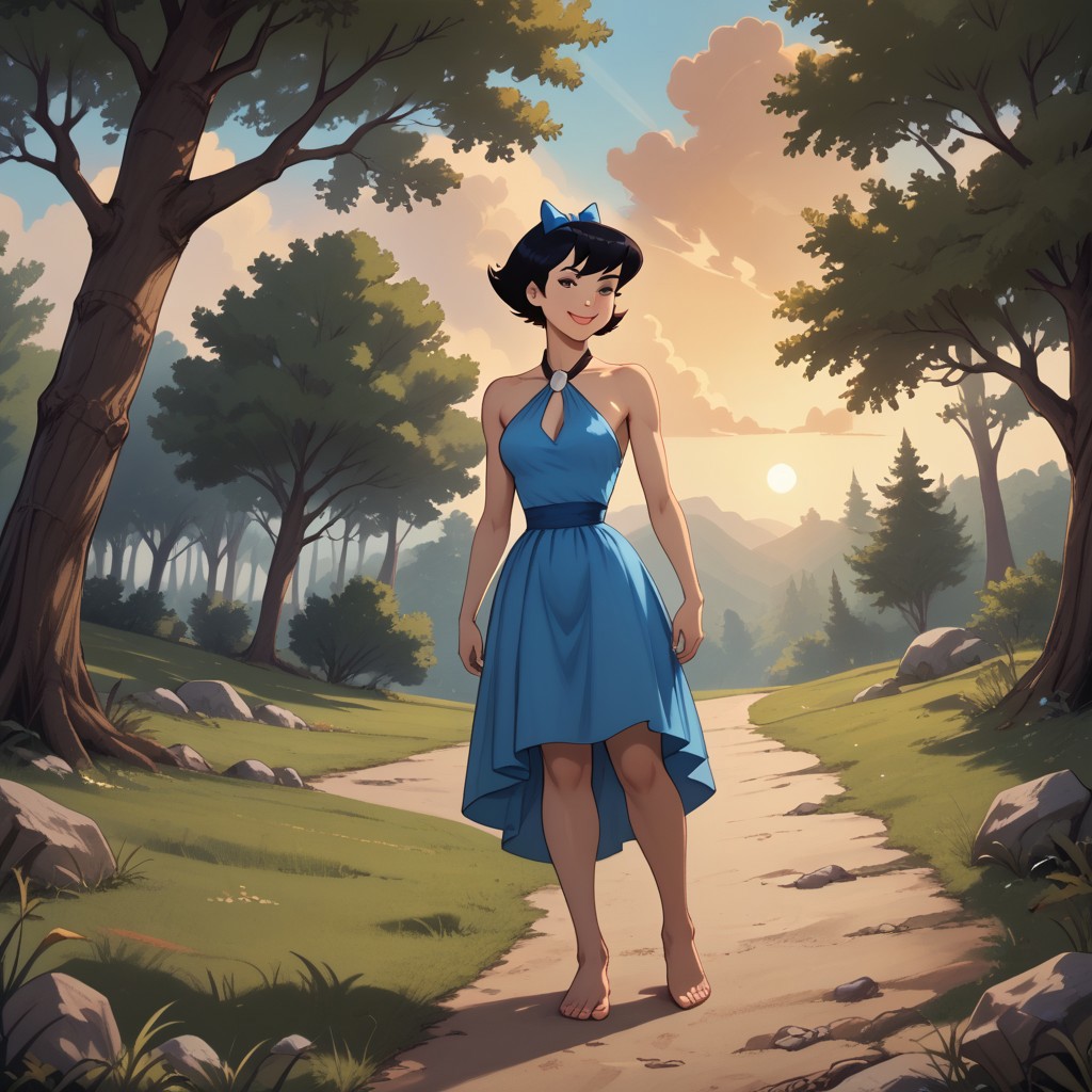 score_9, score_8, BREAK, Betty Rubble, slim body, slender, fair skin, short hair, black hair in a bob, sky-blue loincloth/halter dress connected to a white stone with black straps that tie around the back of her neck like a necklace, asymmetrical hemline, sky-blue bow in her hair, barefoot, sexy pose, self portrait, smile, outdoors, sunlight, shadows, evening lighting, natural lighting, forest, trees, grass, orange sky, sunset