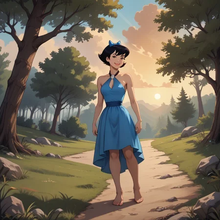 score_9, score_8, BREAK, Betty Rubble, slim body, slender, fair skin, short hair, black hair in a bob, sky-blue loincloth/halter dress connected to a white stone with black straps that tie around the back of her neck like a necklace, asymmetrical hemline, sky-blue bow in her hair, barefoot, sexy pose, self portrait, smile, outdoors, sunlight, shadows, evening lighting, natural lighting, forest, trees, grass, orange sky, sunset