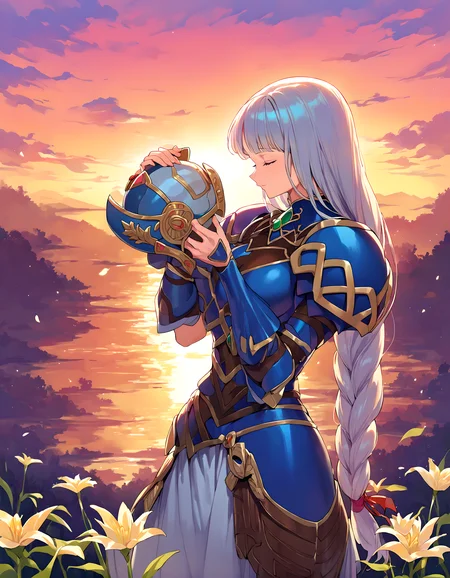 <lora:pony_xl_Lenneth:0.9>,Lenneth,score_9,score_8_up,score_7_up,source_anime,1girl,solo,holding,no_headwear,holding helmet,blue armor,armored dress,closed eyes,shoulder armor,shoulder pads,valkyrie,nature,sunset,Lily of the valley,cowboy_shot,
