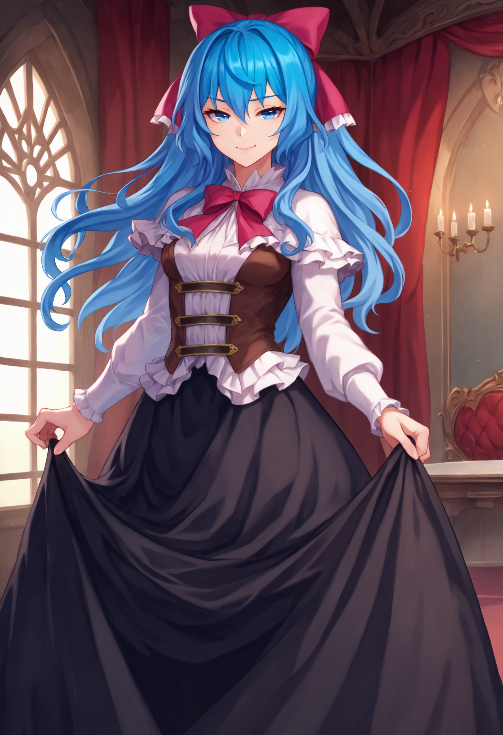 zPDXL, source_anime, BREAK
liselotte, blue hair, sidelocks, blue eyes,
default outfit,  hair bow, black skirt, long skirt,
closed mouth, naughty face,
cowboy shot, standing,
indoors   <lora:liselotte-ot-pony3-006:0.8>