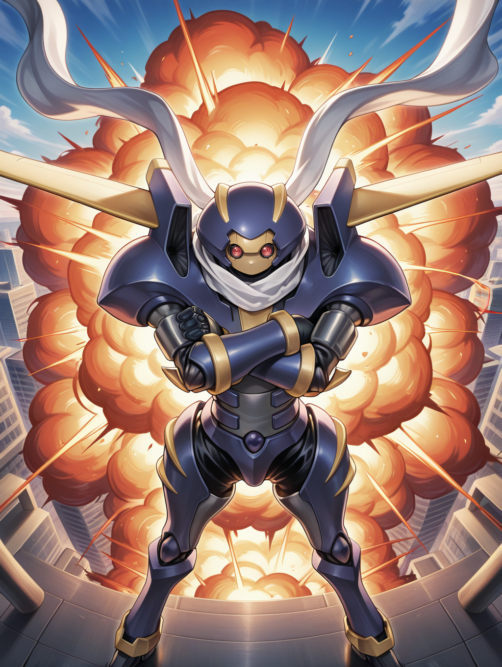 junk warrior,no humans,solo,robot,white scarf,explosion,clenched hands,standing,from above,sky,looking at viewer,brass knuckles,crossed arms,
masterpiece,best quality,amazing quality,very aesthetic,absurdres,newest,<lora:Junk Warrior illuXL v1:0.82>,
