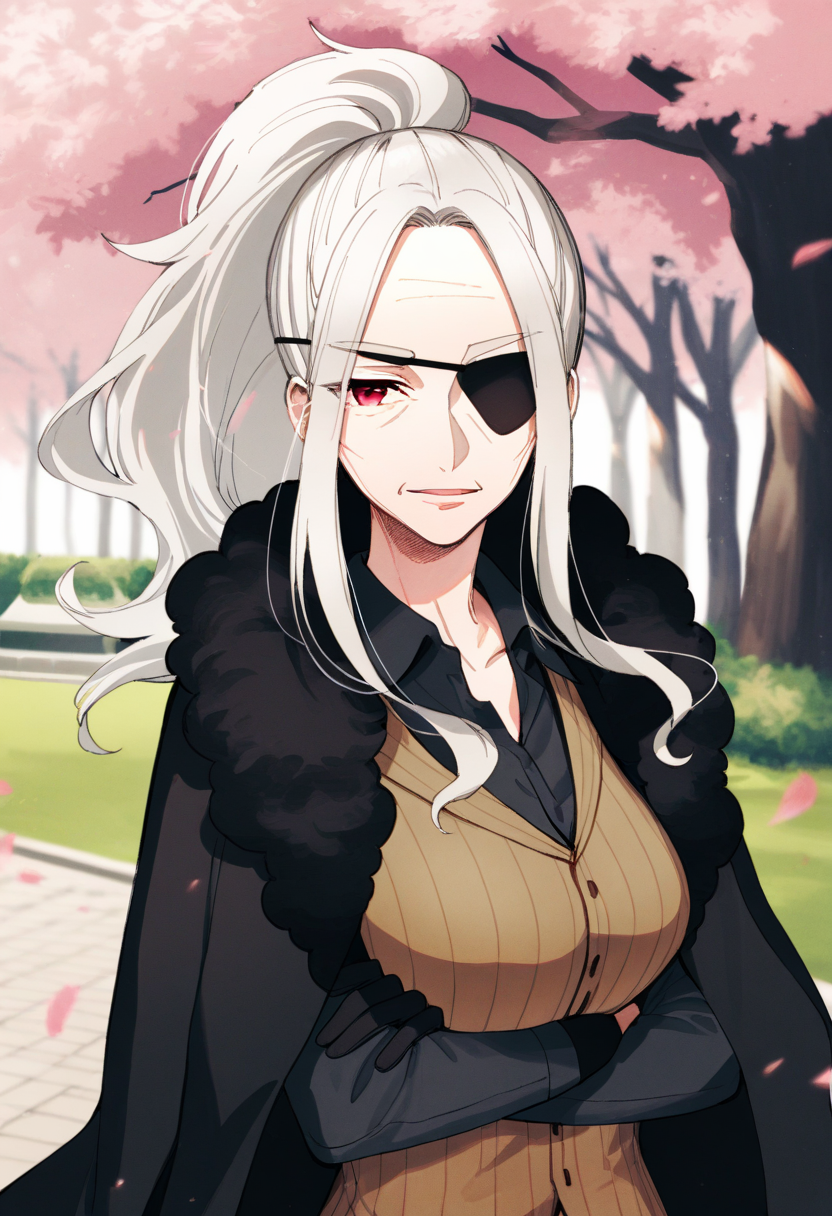 artist:gomzi,artist:wanke,artist:diyokama, rei_(sanbonzakura),[[artist:fuzichoco]],year 2024, park, 1girl, solo,
madame coffin, white hair, ponytail, red eyes, black eyepatch, black coat, coat on shoulders, fur-trimmed coat, black shirt, brown vest, belt, single glove, black gloves,
upper body,
<lora:ntmf_majorcharacters.ilxl.v02:1>
