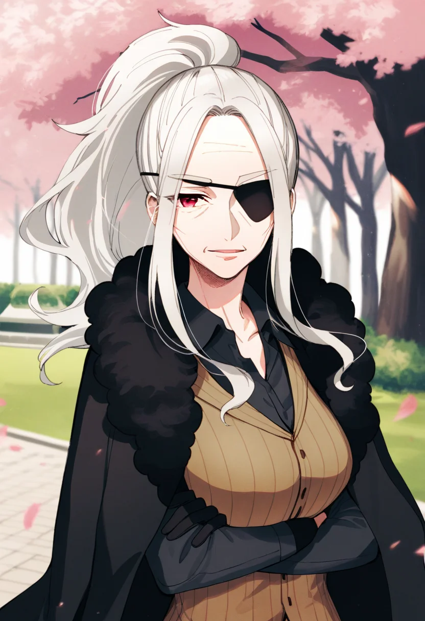 artist:gomzi,artist:wanke,artist:diyokama, rei_(sanbonzakura),[[artist:fuzichoco]],year 2024, park, 1girl, solo,
madame coffin, white hair, ponytail, red eyes, black eyepatch, black coat, coat on shoulders, fur-trimmed coat, black shirt, brown vest, belt, single glove, black gloves,
upper body,
<lora:ntmf_majorcharacters.ilxl.v02:1>