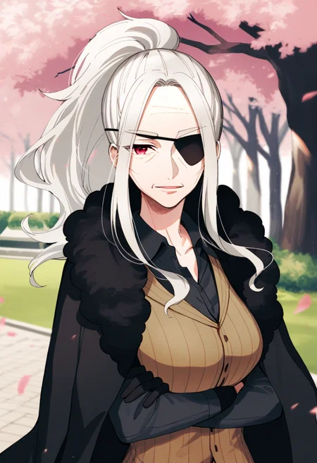 artist:gomzi,artist:wanke,artist:diyokama, rei_(sanbonzakura),[[artist:fuzichoco]],year 2024, park, 1girl, solo,
madame coffin, white hair, ponytail, red eyes, black eyepatch, black coat, coat on shoulders, fur-trimmed coat, black shirt, brown vest, belt, single glove, black gloves,
upper body,
<lora:ntmf_majorcharacters.ilxl.v02:1>