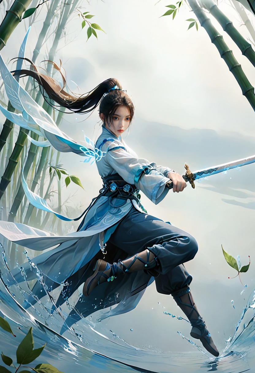 wuxia, A swords girl, An Asian woman with long black hair, dressed in a silky black ancient style complex, long sleeves, like a female immortal, light-colored lips,  full of high-end, frontal shot, artistic sense, high-end sense, , advanced photo, advanced tone filter, blurred, artistic scenery, wielding a long white sword. She holds the hilt with her right hand, facing the camera, her light blue fairy immortal Hanfu, white magic sword, long sword, the sword surface is sharp and flat, flying on the water, bamboo leaves floating in the air,lighting on sky , solo, high ponytail, digital art. ((light blue to white gradient background)),