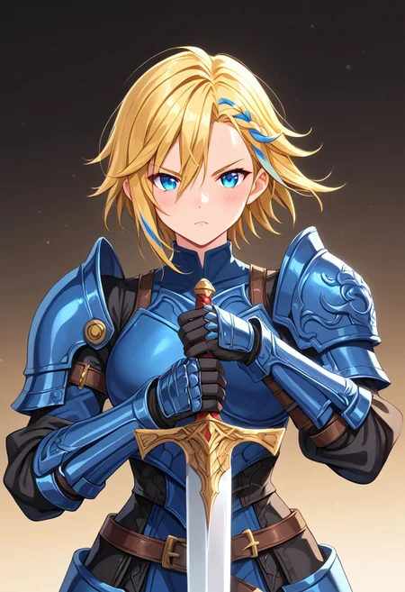 score_9, score_8_up, score_7_up, source_anime, masterpiece, absurdres, 1girl, serious girl dressed as a paladin in a world of heroic fantasy, (blond hair:1.6), short hair, large green expressive eyes, (heavy slighty blue metal armor:1.4), (very sexy:1.2), intricate armor with lace and jelwery, (holding a sword:1.2), leadership attitude, Dark Fantasy page, IBG, hkstyle, <lora:451ab4cd-b9f3-4e07-8383-da161a5f0985:0.7>, <lora:eb09f3ec-6698-4e9a-be54-cff1f682dfd2:0.7>, <lora:a0f22b2c-b14a-4eea-9bf4-a9a3263ecd84:0.4>