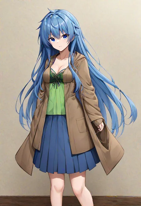 yugioh eria, blue eyes, blue hair, eyes visible through hair, long hair,, blue skirt, cleavage, green shirt, shirt, skirt, robe, brown robe, 
masterpiece, best quality, very aesthetic, absurdres, full_body, tachi-e,