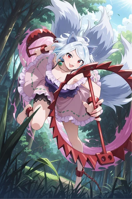 absurdres, highres, masterpiece, best quality, amazing quality, official anime artwork, screencap, anime screencap, outdoors, forest, bare tree, grass, jungle, nature, outdoors, plant, <lora:Enoko-Mitsugashira_Illustrious:1> mitsugashira enoko, 1girl, solo, red eyes, white hair, short hair, dog ears, cerberus, multiple tails, long fingernails, medium breasts,, pendant, bare shoulders, purple shirt, frills, pink skirt, bear trap, ankle cuffs, barefoot,