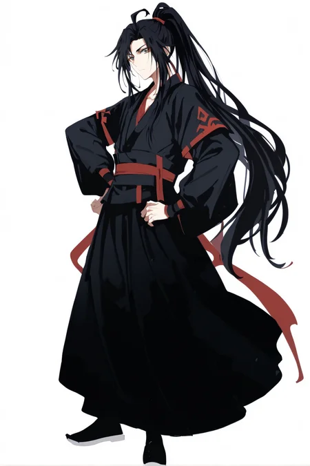 score_9, score_8_up, score_7_up, score_anime, 8k, best quality, masterpiece, (ultra-detailed), (white background,simple background:1.3), solo, hands on hip, (full body:1.1), looking at viewer,
<lora:pony-Ldart_xl-000008:0.6>, masterpiece, best quality, <lora:Sh1r3nXLP:0.3>, (Sh1r3n:1.2), <lora:g0th1cPXL:0.3>, g0thicPXL, glowing, neon,
<lora:modao-pony-Tanger:0.8>, weiwuxian, weiwuxian's def clothes, black hanfu, male focus, black hair, ponytail, long hair,