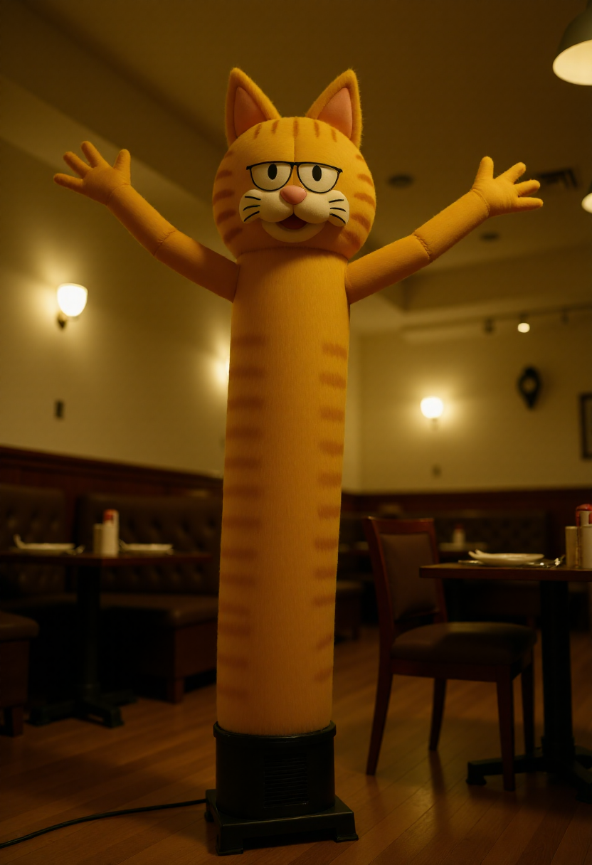 <lora:Wacky_Waving_Inflatable_Arm_Flux_Man-000009:1> 
The image is a photograph of a very tall, inflatable garfield the cat with wavy arms standing in an italian restaurant setting.