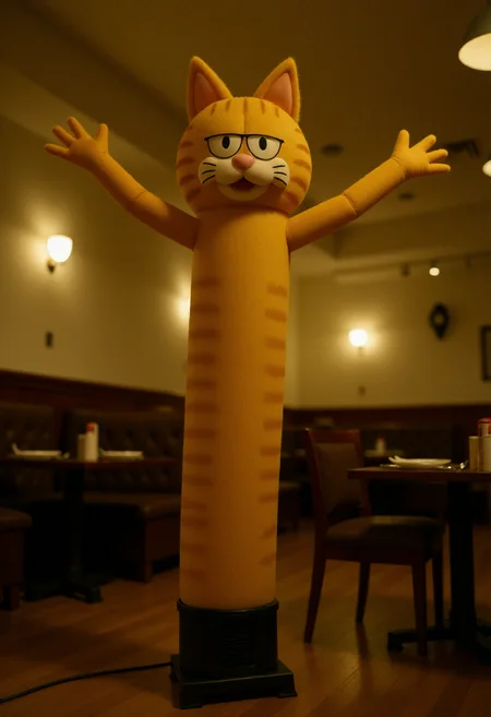 <lora:Wacky_Waving_Inflatable_Arm_Flux_Man-000009:1>
The image is a photograph of a very tall, inflatable garfield the cat with wavy arms standing in an italian restaurant setting.