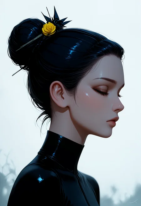 1girl, solo, short_hair, simple_background, black_hair, hair_ornament, closed_mouth, closed_eyes, flower, parted_lips, signature, hair_flower, grey_background, hair_bun, from_side, eyelashes, lips, profile, makeup, bodysuit, turtleneck, single_hair_bun, portrait, yellow_flower, nose, realistic, black_flower, bodypaint, paint_splatter, black_rose, paint_splatter_on_face, depth of field, photo \(medium\), 
best quality, very awa, highres, newest