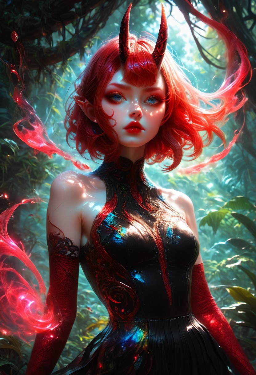 score_9, score_8_up, score_7_up,(digital art,best quality,beautiful detailed face), realistic,
,1 beautiful girl,Thin face,Pale white skin, blue eyes (red eyeshadow),Short red hair(bangs), Oni horns, red lips,black dress,Short pleated skirt,Elbow gloves,(Red Magic aura:1.2),jungle