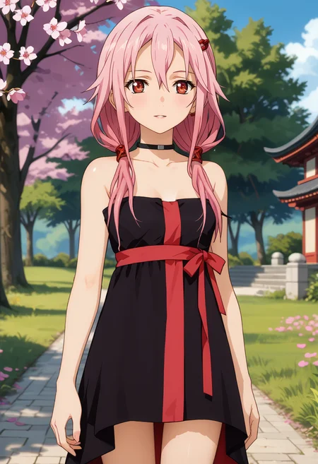 score_7_up, anime screencap,
<lora:GuiltyCrown_YuzurihaInoriXL:0.9>,
1girl, parted lips, light smile,
long hair, pink hair, low twintails, hair between eyes, red eyes, hair ornament, hairclip,
InoriDress, bare shoulders,black dress, black choker, red ribbon,
standing, looking at viewer, thigh gap,
blurry background,outdoors, blue sky, cherry blossoms
