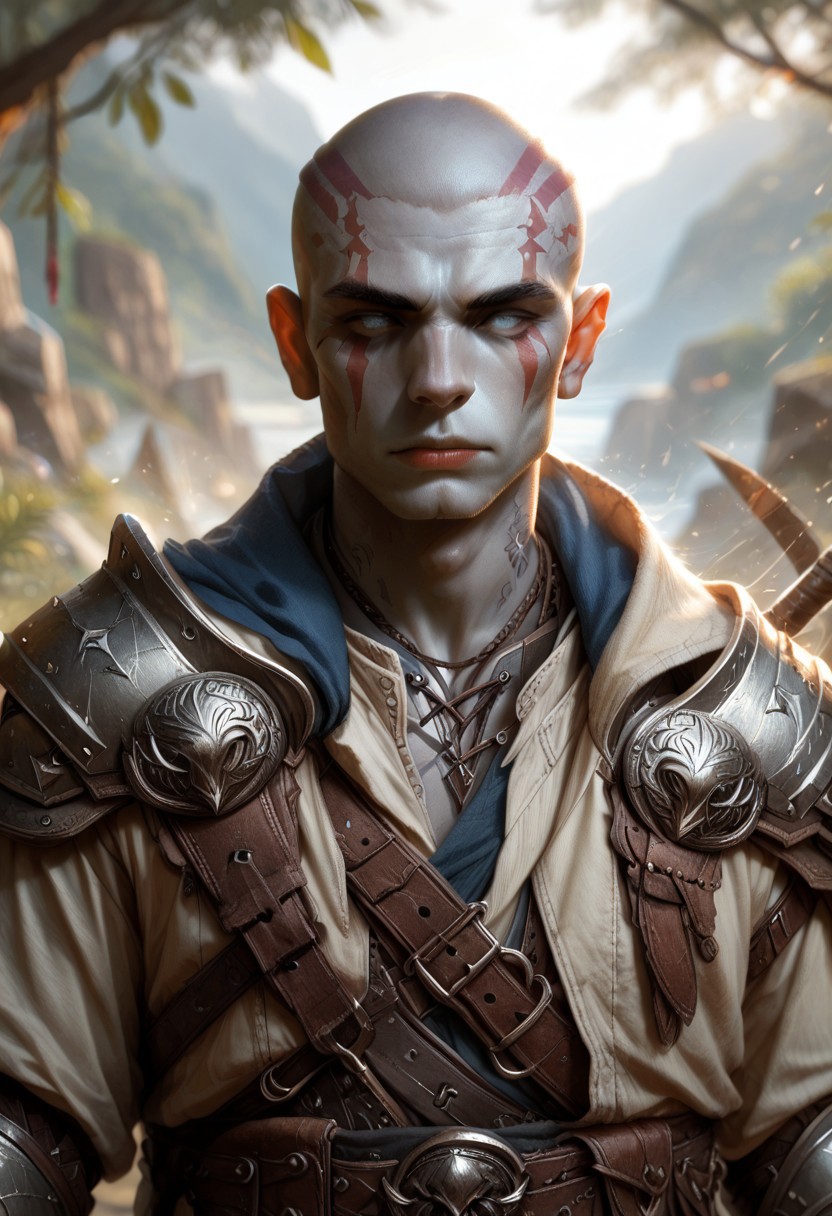 (((detailed, beautiful, high quality))), upper Body, score_9, score_8_up, score_7_up,
goliath, empty eyes, gray skin, stone skin, , body tattoo, face tattoo,
1male, bald,, blue tattoos, leather shoulder pad, shoulder strap, leather armor,
looking at the viewer, posing, blurred background, blurred fantasy background,