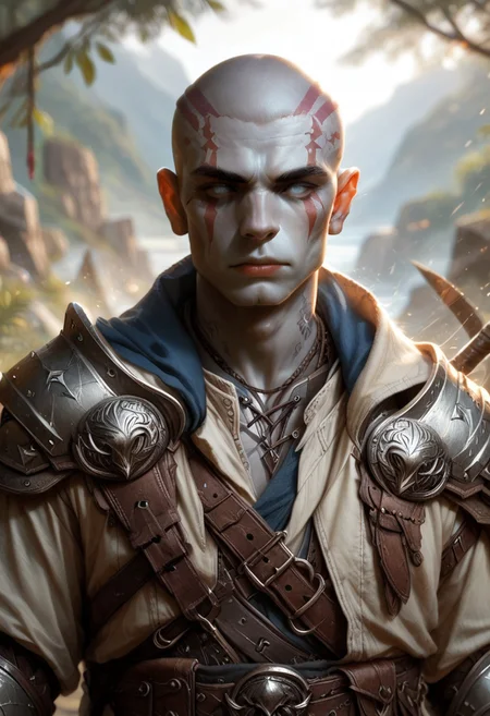 (((detailed, beautiful, high quality))), upper Body, score_9, score_8_up, score_7_up,
goliath, empty eyes, gray skin, stone skin, , body tattoo, face tattoo,
1male, bald,, blue tattoos, leather shoulder pad, shoulder strap, leather armor,
looking at the viewer, posing, blurred background, blurred fantasy background,