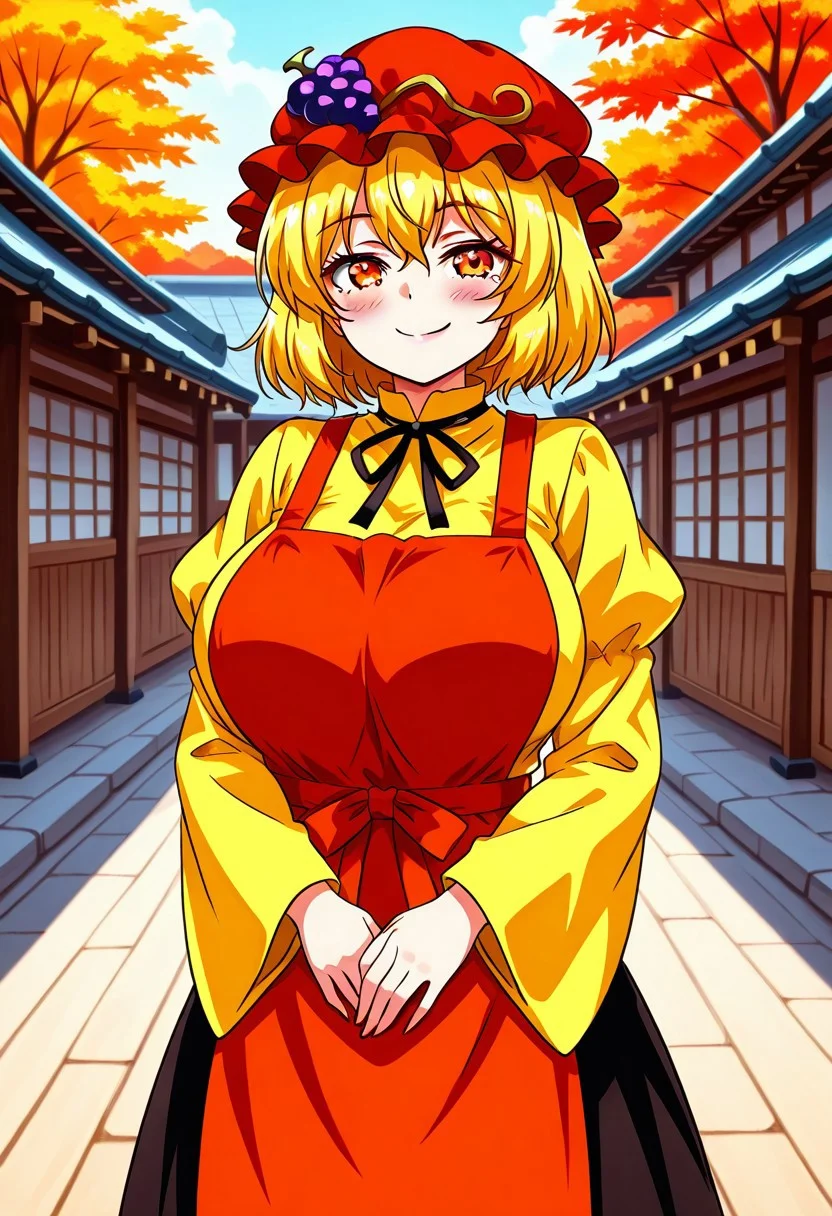 seireiart style, outside, (japanese village), (feudal japan), ((marketplace)), daytime, ((autumn)), 1girl, solo, naughty smile, blush, closed mouth, ((Large Breasts)), looking at viewer, ((standing)), ((posings)), aki minоriko, blonde hair, short hair, orange eyes, mob cap, grapes on hat, dress, yellow shirt, red apron, black skirt, wide sleeves, juliet sleeves, ribbon